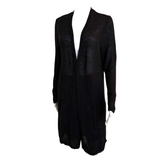 J Jill Black Long Length Cardigan Sweater Womens M Linen Blend Slits Minimalist - Picture 14 of 14